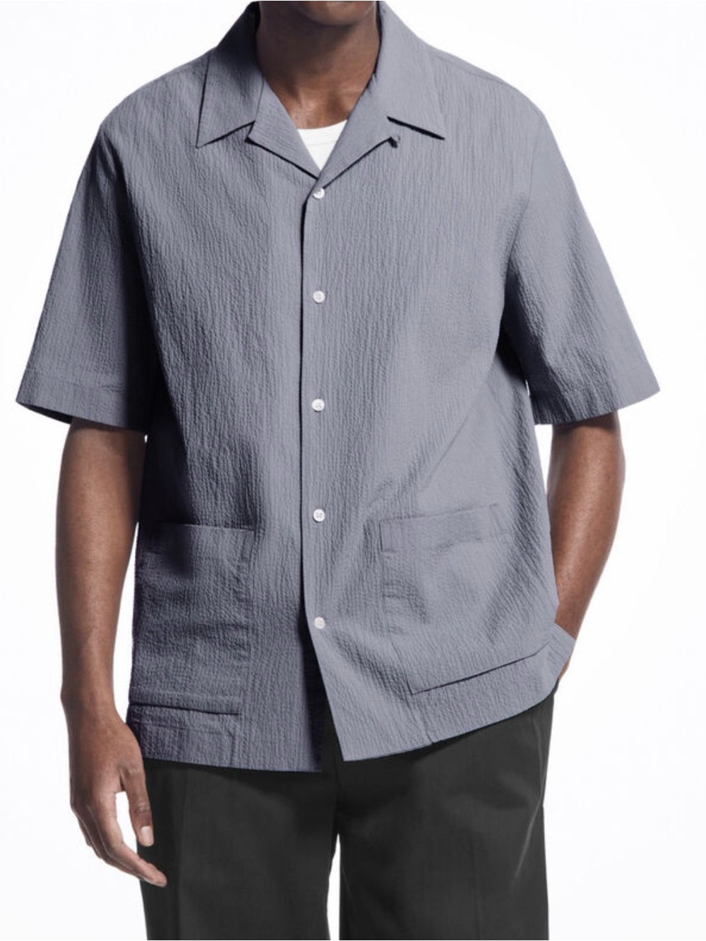 COS Seersucker Cotton Short-Sleeve Button-Shirt Dusty Blue Grey S NWOT